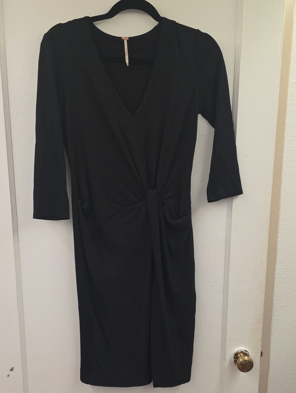 Free People Black Ribbed Twist Front Midi Dress Small V Neck Bodycon